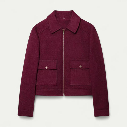 Women's Wool Zip Up Short Jacket with Long Sleeves and Pockets
