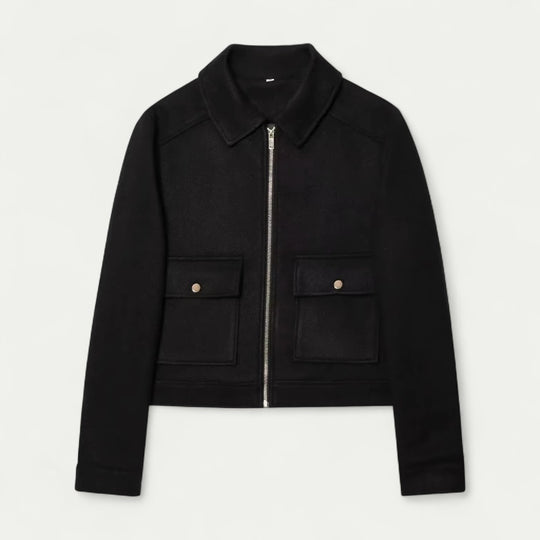Women's Wool Zip Up Short Jacket with Long Sleeves and Pockets