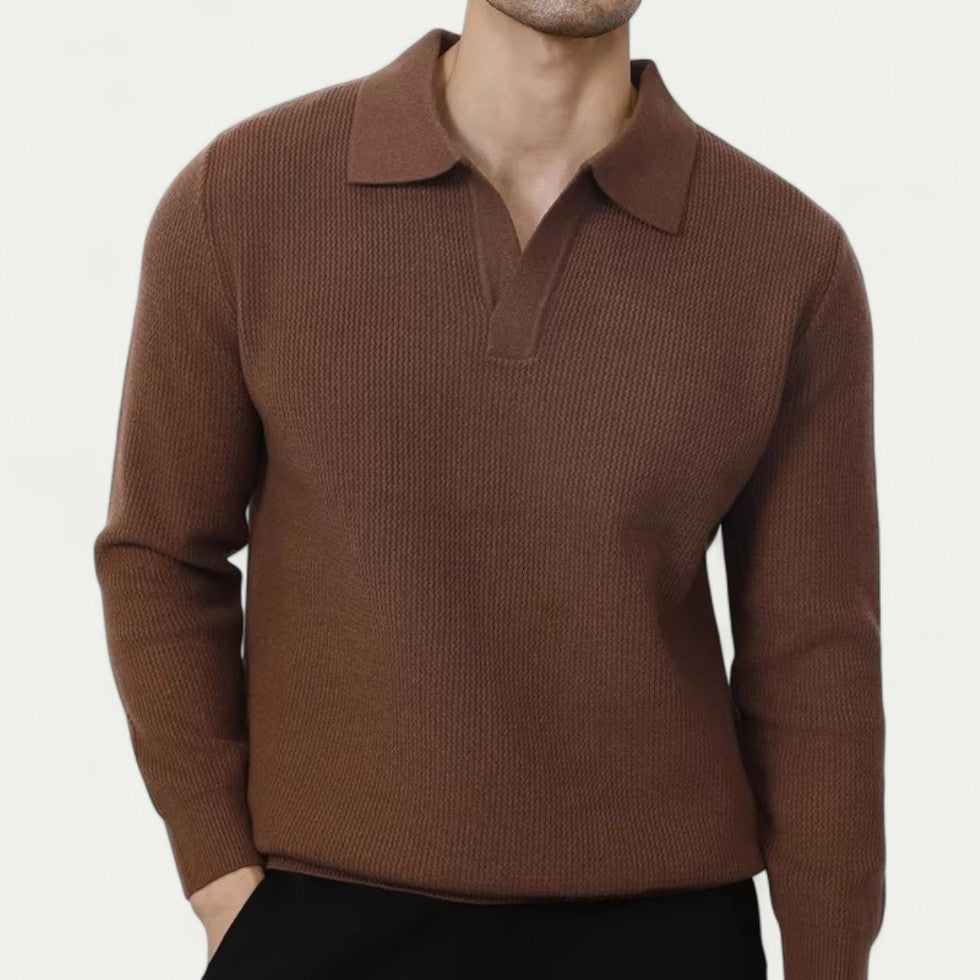Men’s Knitted Long Sleeve Polo Sweater with Open Collar