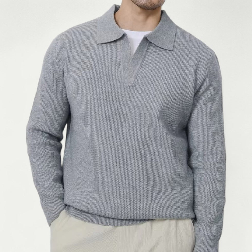 Men’s Knitted Long Sleeve Polo Sweater with Open Collar