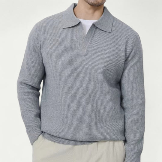 Men’s Knitted Long Sleeve Polo Sweater with Open Collar