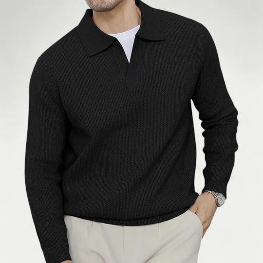 Men’s Knitted Long Sleeve Polo Sweater with Open Collar
