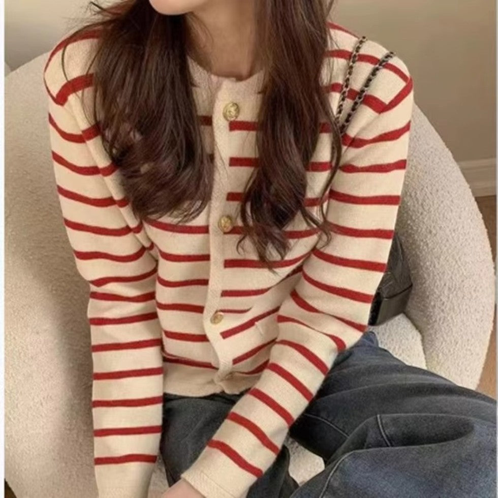 Women Striped Knitted Cardigan with Button Front Long Sleeves
