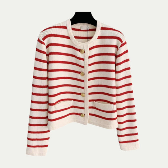 Women Striped Knitted Cardigan with Button Front Long Sleeves