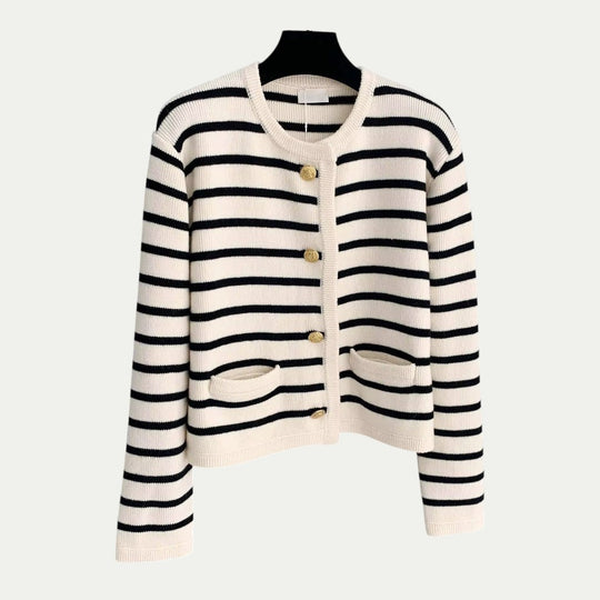 Women Striped Knitted Cardigan with Button Front Long Sleeves