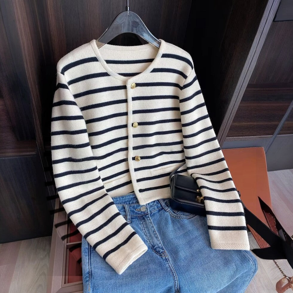 Women Striped Knitted Cardigan with Button Front Long Sleeves