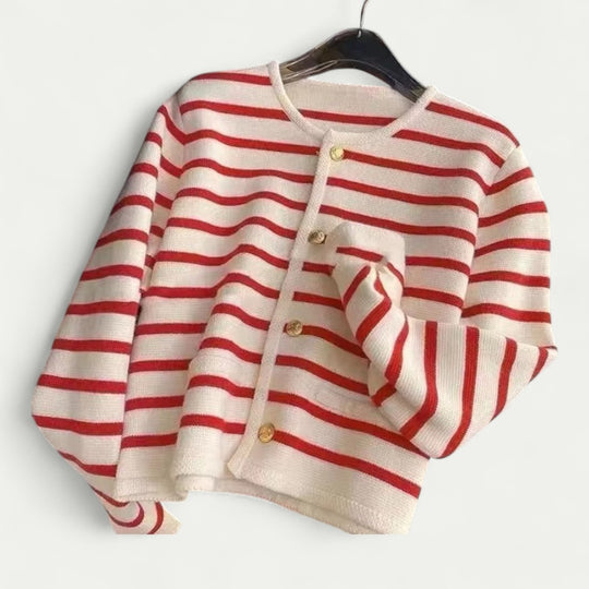 Women Striped Knitted Cardigan with Button Front Long Sleeves