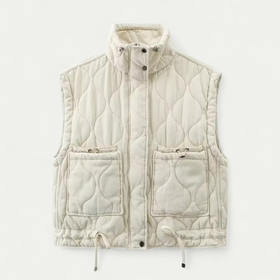 Padded Sleeveless Cotton Blend Vest with Stand Collar and Front Pockets