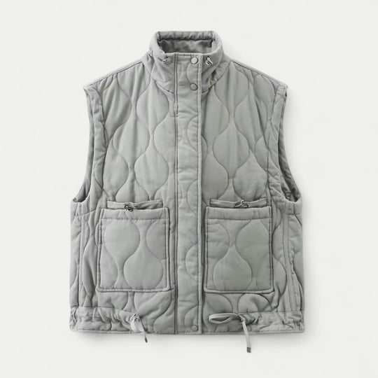 Padded Sleeveless Cotton Blend Vest with Stand Collar and Front Pockets