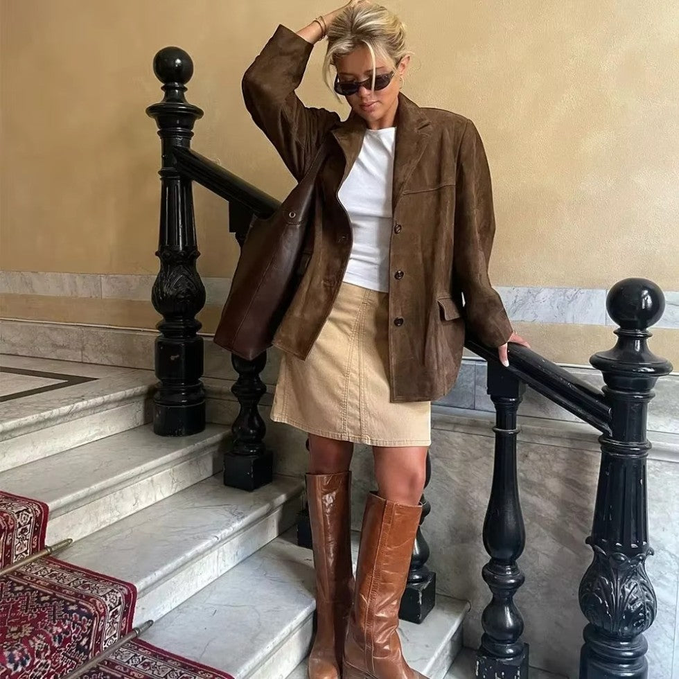 Classic Suede Button Front Jacket for Women