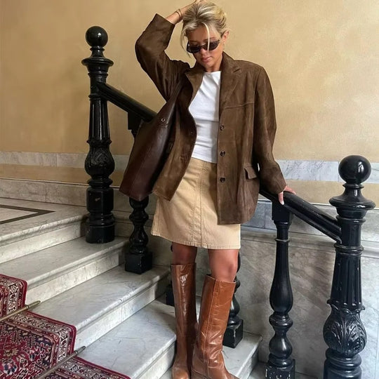 Classic Suede Button Front Jacket for Women