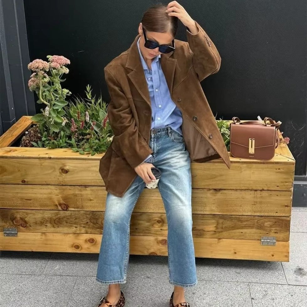 Classic Suede Button Front Jacket for Women