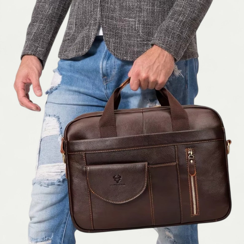 Men Leather Laptop Briefcase with Shoulder Strap
