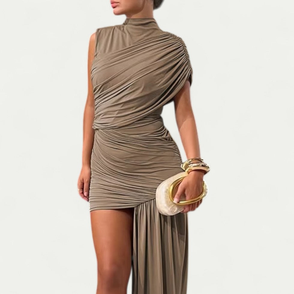 Asymmetric Ruched Mini Dress with Draped Skirt Panel