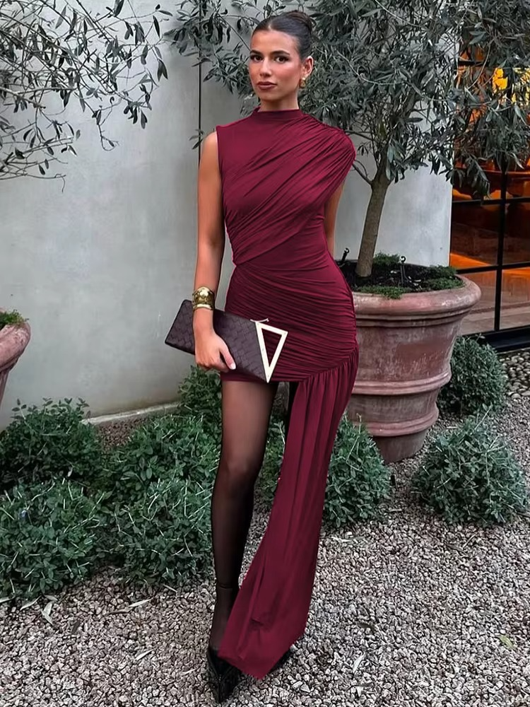 Asymmetric Ruched Mini Dress with Draped Skirt Panel