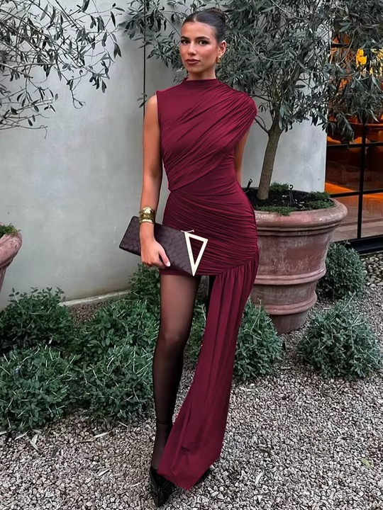 Asymmetric Ruched Mini Dress with Draped Skirt Panel