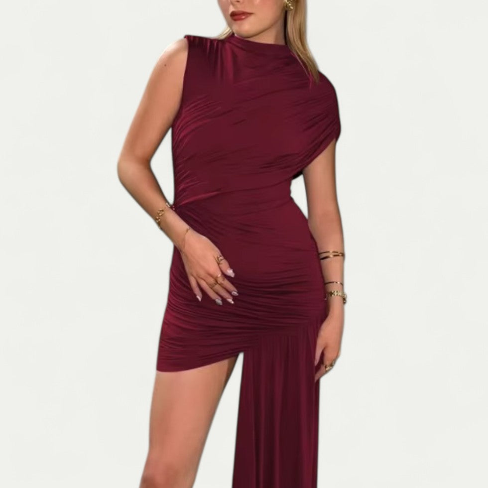 Asymmetric Ruched Mini Dress with Draped Skirt Panel