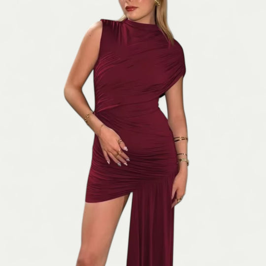 Asymmetric Ruched Mini Dress with Draped Skirt Panel