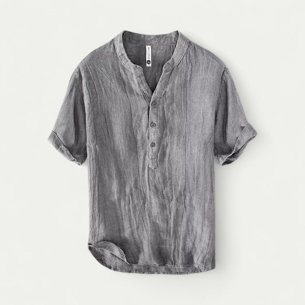 Linen Blend Grandad Collar Shirt with Short Sleeves