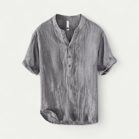 Linen Blend Grandad Collar Shirt with Short Sleeves
