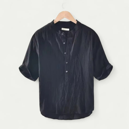 Linen Blend Grandad Collar Shirt with Short Sleeves