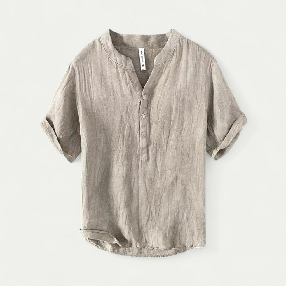 Linen Blend Grandad Collar Shirt with Short Sleeves