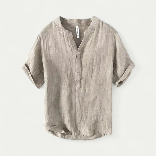 Linen Blend Grandad Collar Shirt with Short Sleeves
