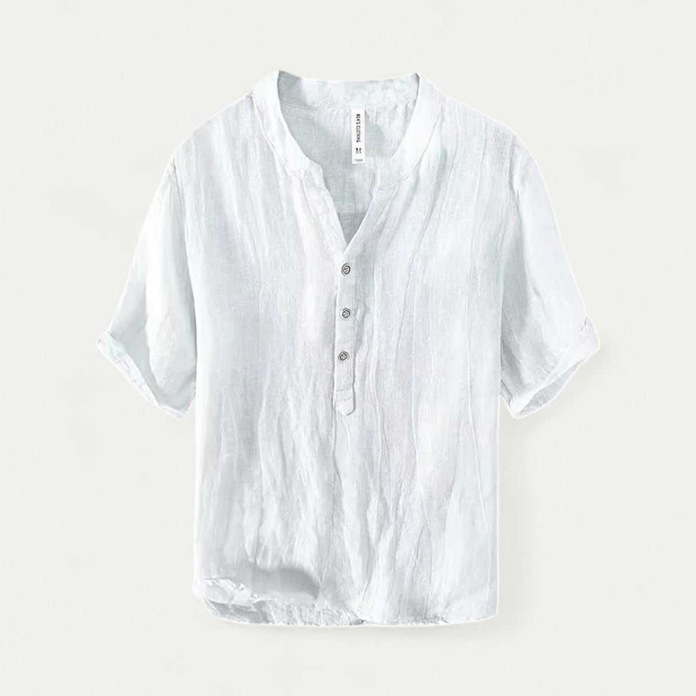 Linen Blend Grandad Collar Shirt with Short Sleeves