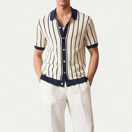 Striped Knit Cotton Blend Button Up Shirt for Smart Casual Summer Looks