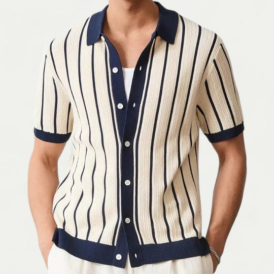 Striped Knit Cotton Blend Button Up Shirt for Smart Casual Summer Looks
