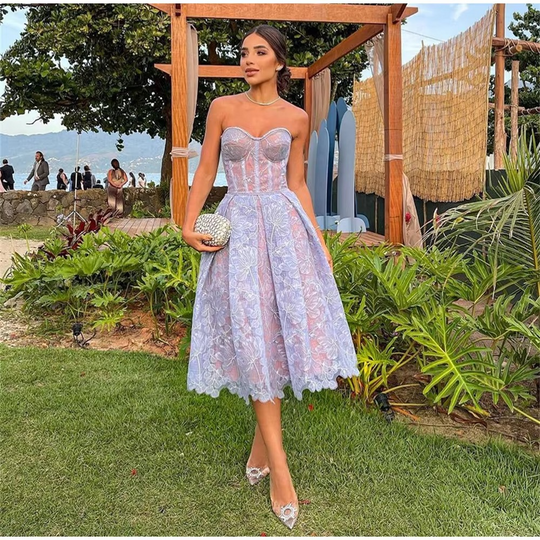 Strapless Lace Midi Dress for Formal Party Elegance