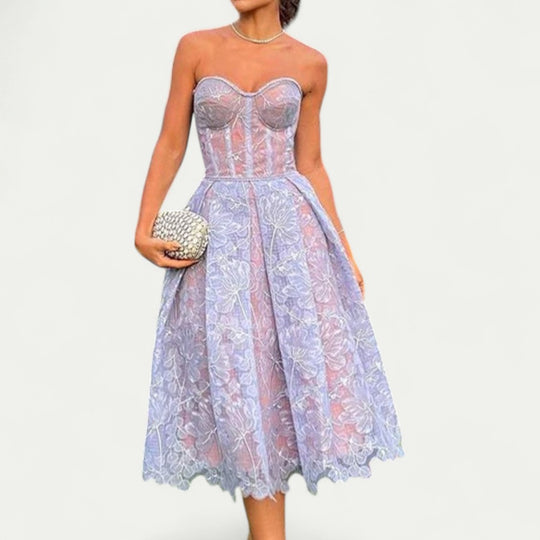 Strapless Lace Midi Dress for Formal Party Elegance