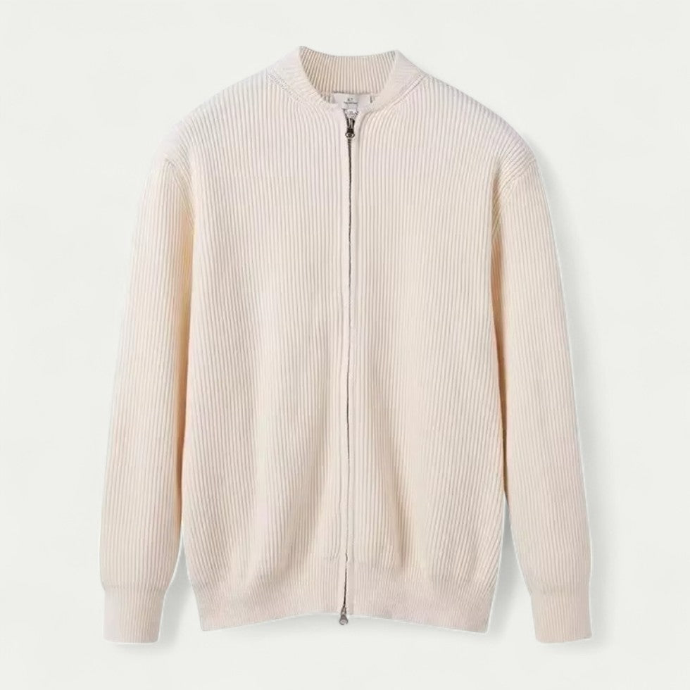 Ribbed Zip Through Cardigan in Soft Cotton Blend