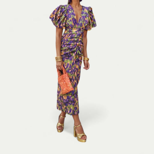 Ruched Puff Sleeve Midi Dress for Summer Weddings