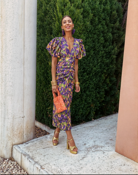 Ruched Puff Sleeve Midi Dress for Summer Weddings