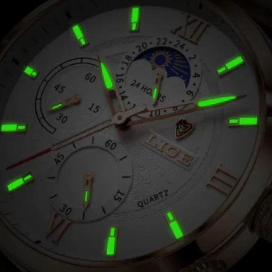 Randimo | Unisex Lugano Leather Waterproof Watch Glow Details