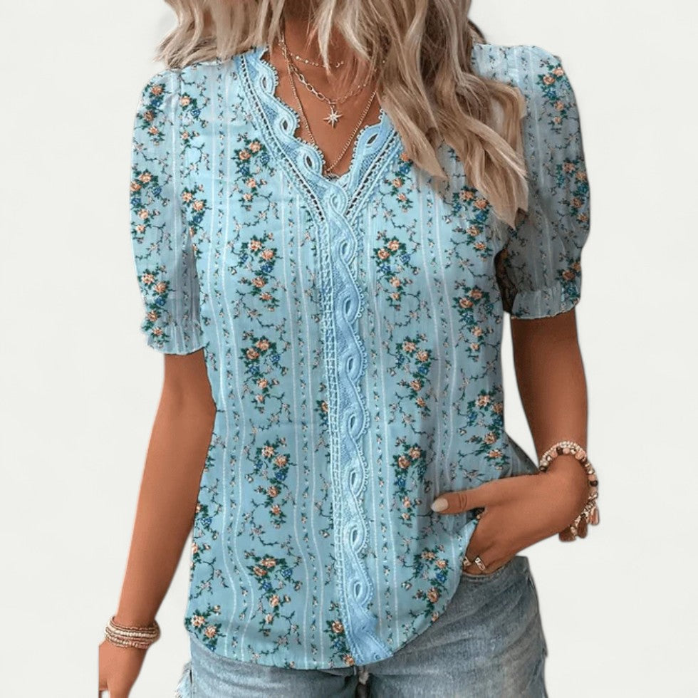 Floral Lace Trim Blouse with Puff Sleeves