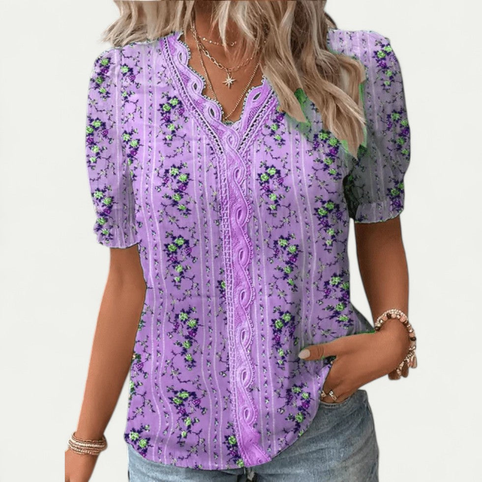 Floral Lace Trim Blouse with Puff Sleeves