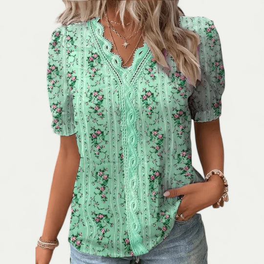 Floral Lace Trim Blouse with Puff Sleeves