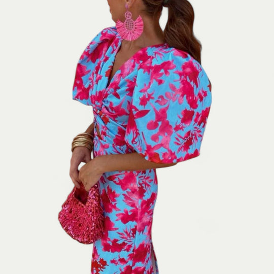 Ruched Puff Sleeve Midi Dress for Summer Weddings