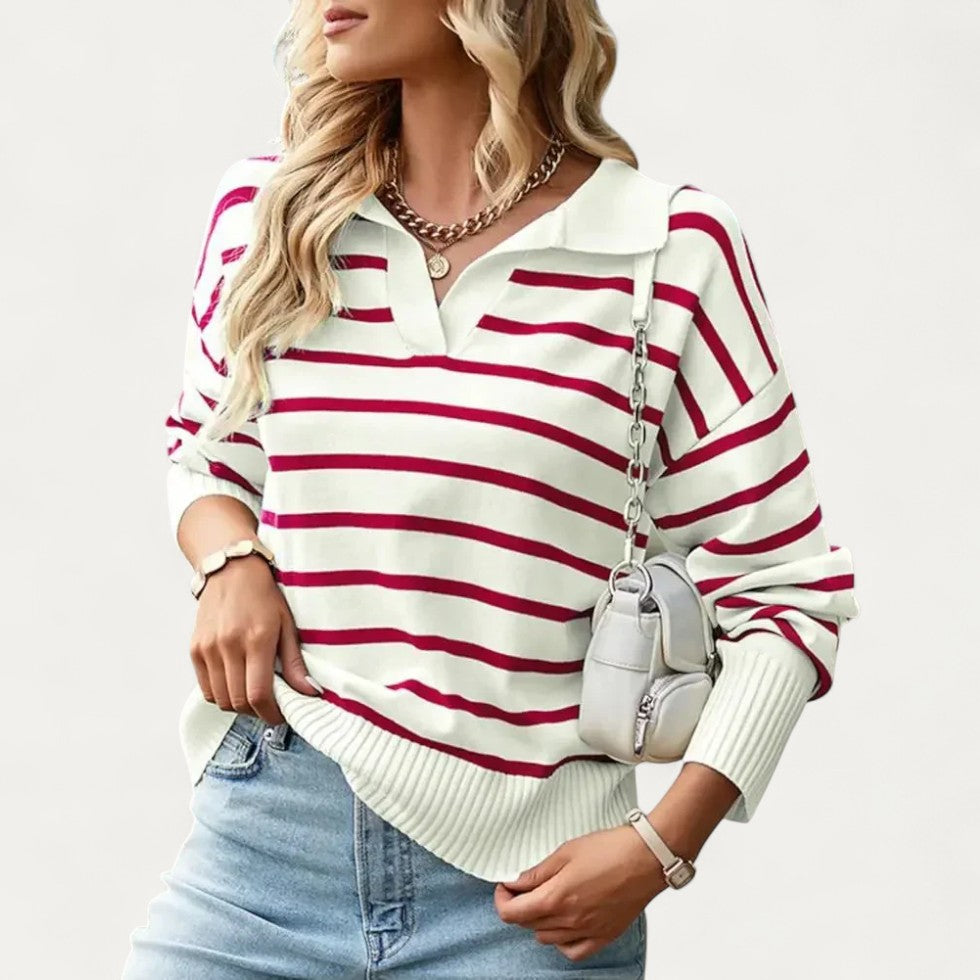 Striped Knit Cotton Blend Polo Collar Jumper for Women