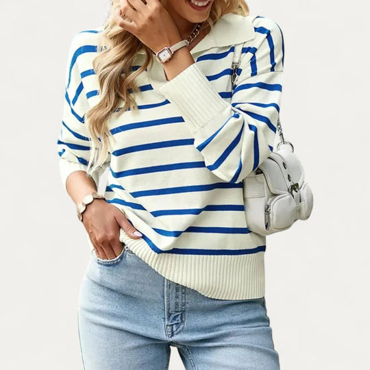 Striped Knit Cotton Blend Polo Collar Jumper for Women