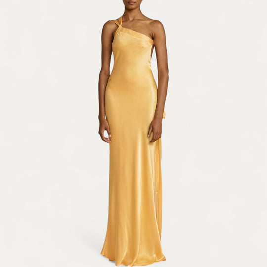One Shoulder Satin Backless Evening Maxi Dress