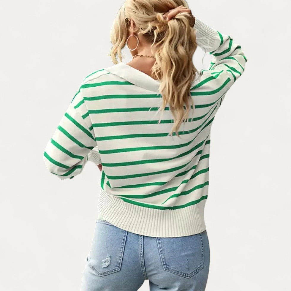 Striped Knit Cotton Blend Polo Collar Jumper for Women