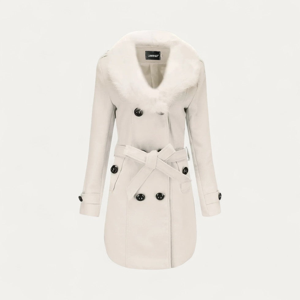 Double Breasted Faux Fur Collar Trench Coat for Women