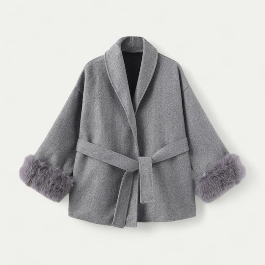 Belted Faux Fur Cuff Short Coat for Women