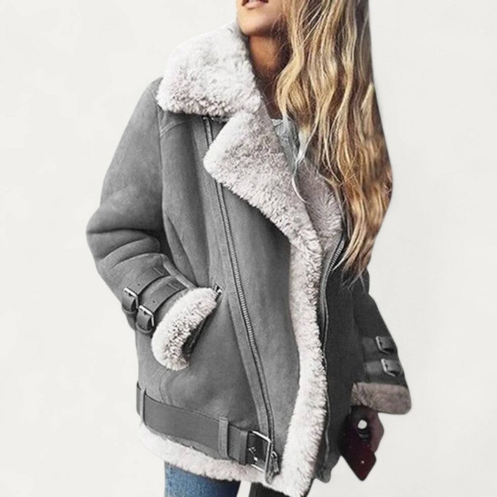 Shearling Lined Faux Suede Aviator Biker Jacket for Women