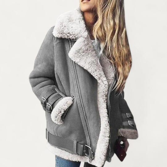 Shearling Lined Faux Suede Aviator Biker Jacket for Women