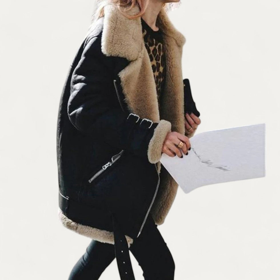Shearling Lined Faux Suede Aviator Biker Jacket for Women