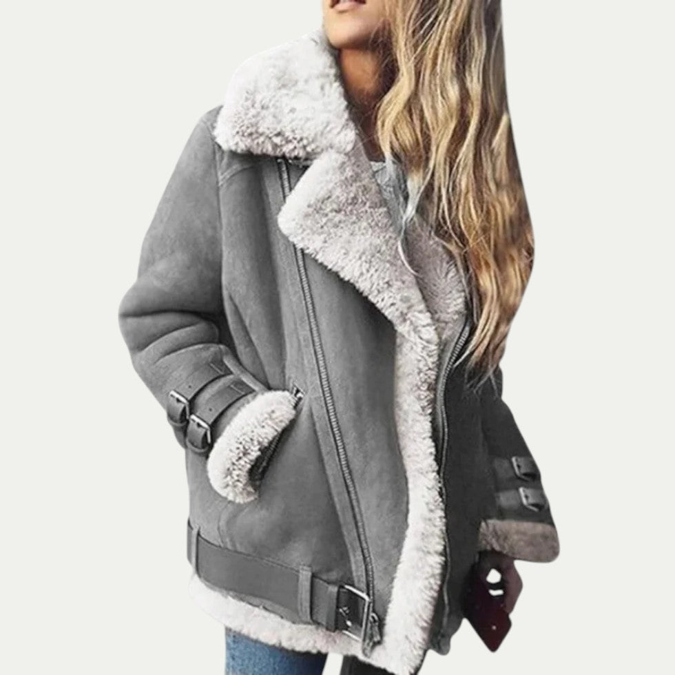 Women Faux Shearling Lined Aviator Biker Winter Jacket